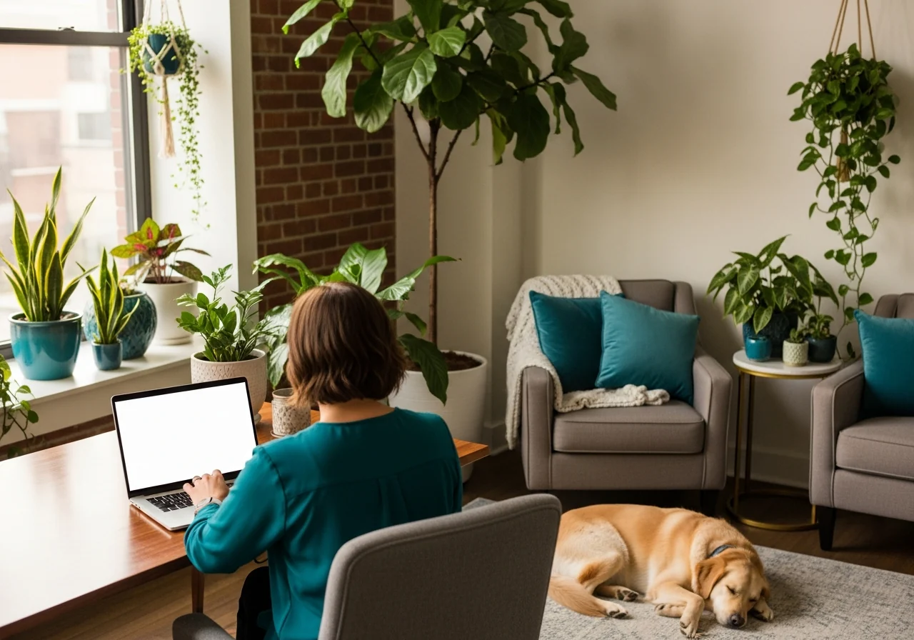 A licensed clinician conducting a calm telehealth session in a plant-filled home office