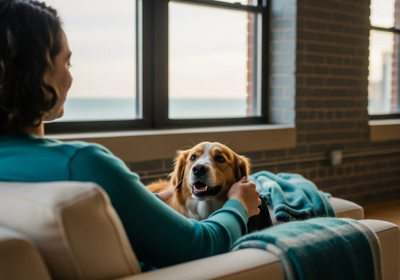 A person relaxing at home with their emotional support dog