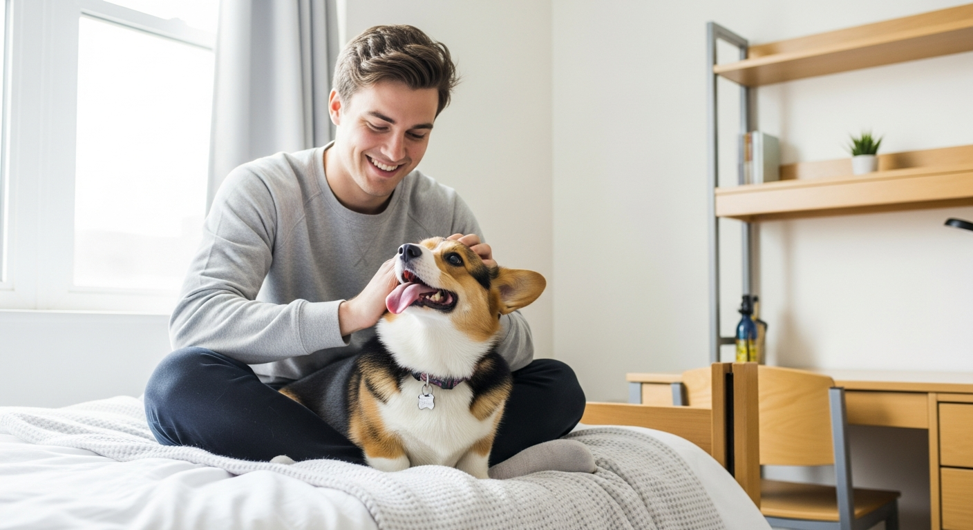 A college student relaxing with an emotional support dog in an Illinois dorm room