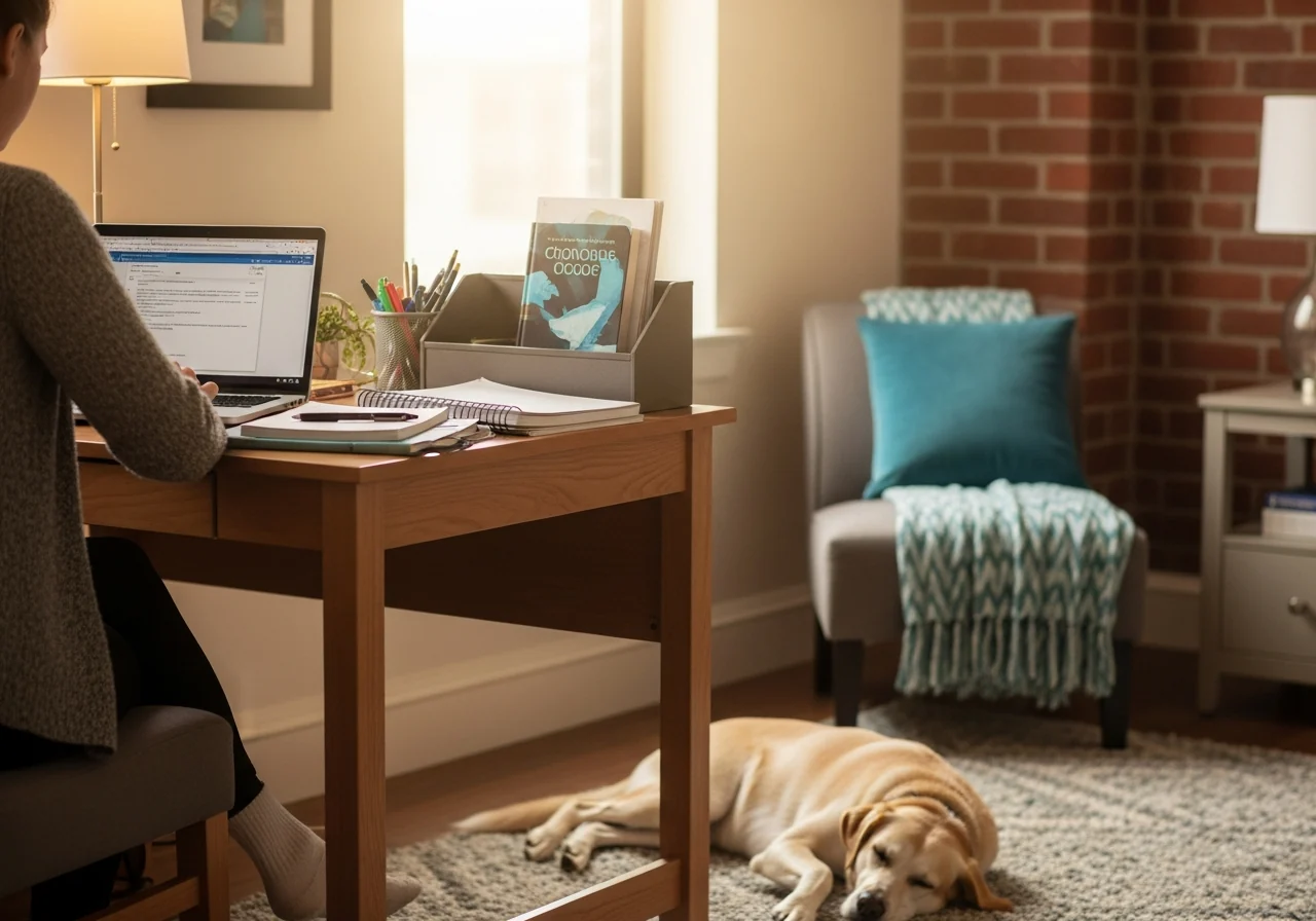 A college student studying at a dorm desk with a calm dog resting nearby
