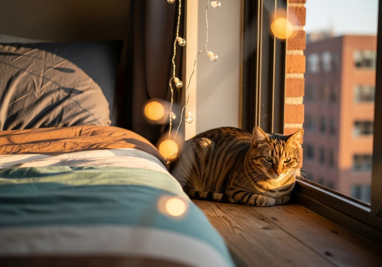 A cat resting on a sunny dorm windowsill