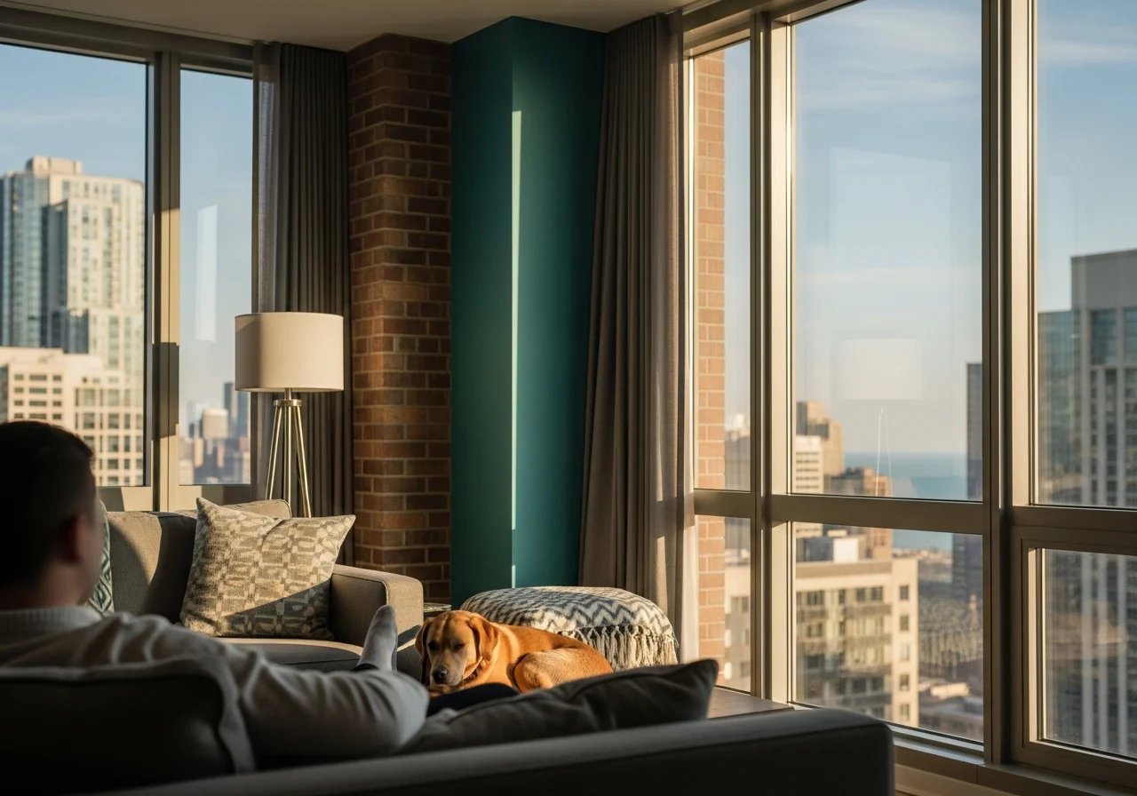 A renter relaxing with a dog in a modern Chicago high-rise apartment with a city view