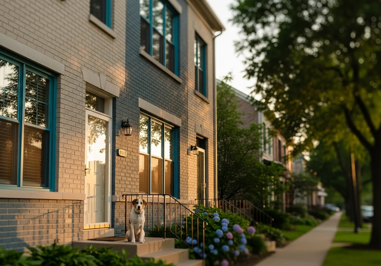 A suburban Illinois townhome with a friendly dog on the front step