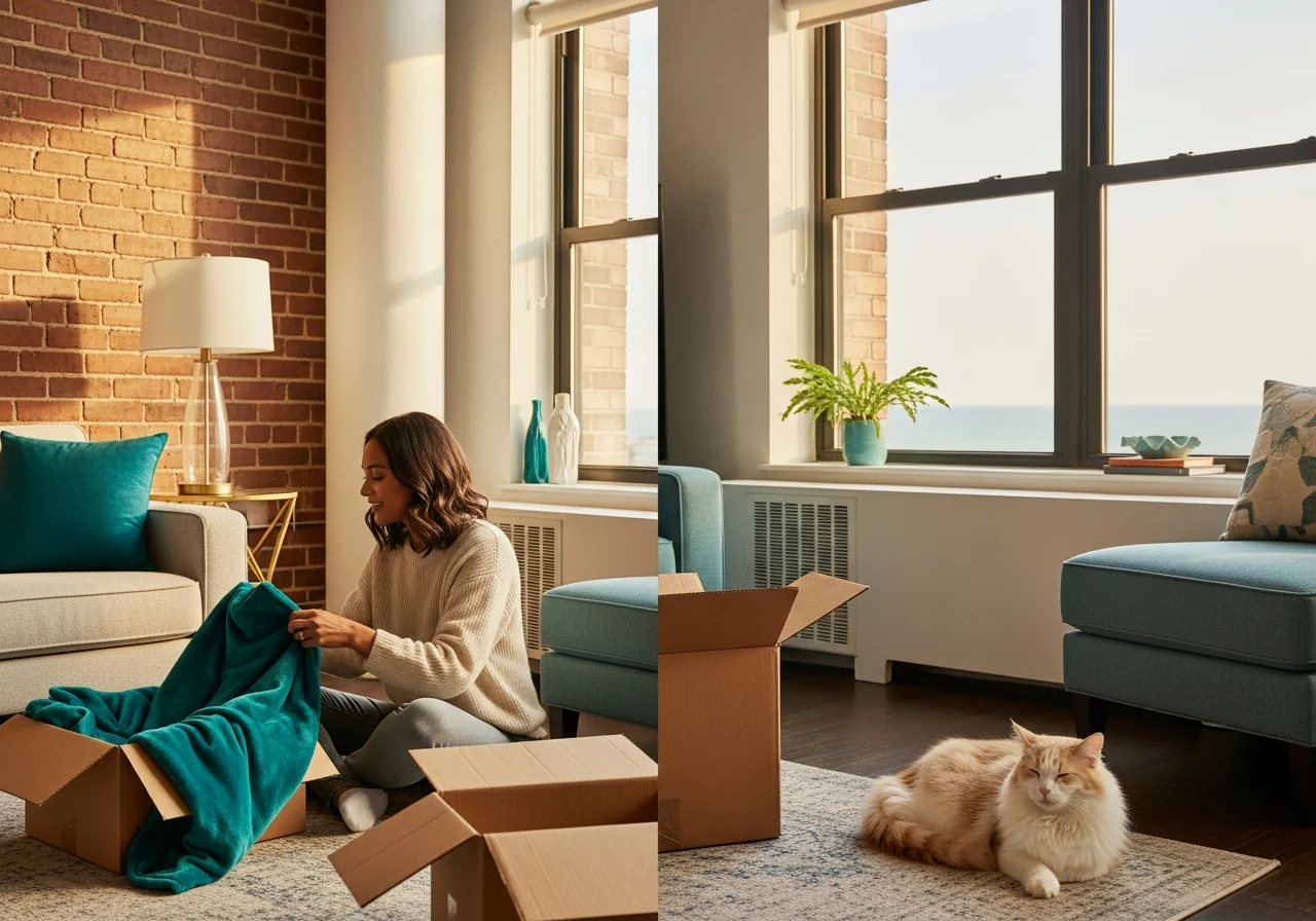 A renter settling into a bright apartment with a cat among moving boxes