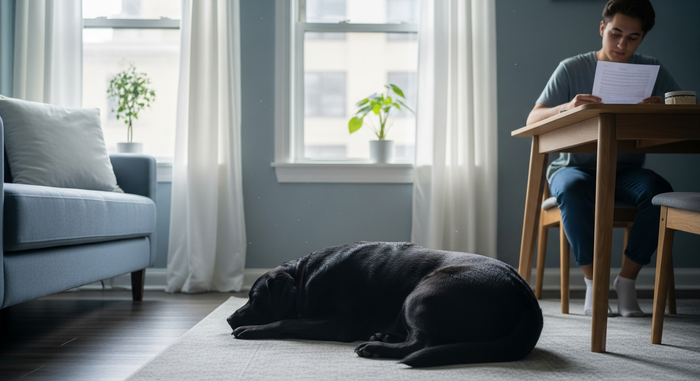A calm dog in a bright Illinois apartment, representing Illinois ESA housing law
