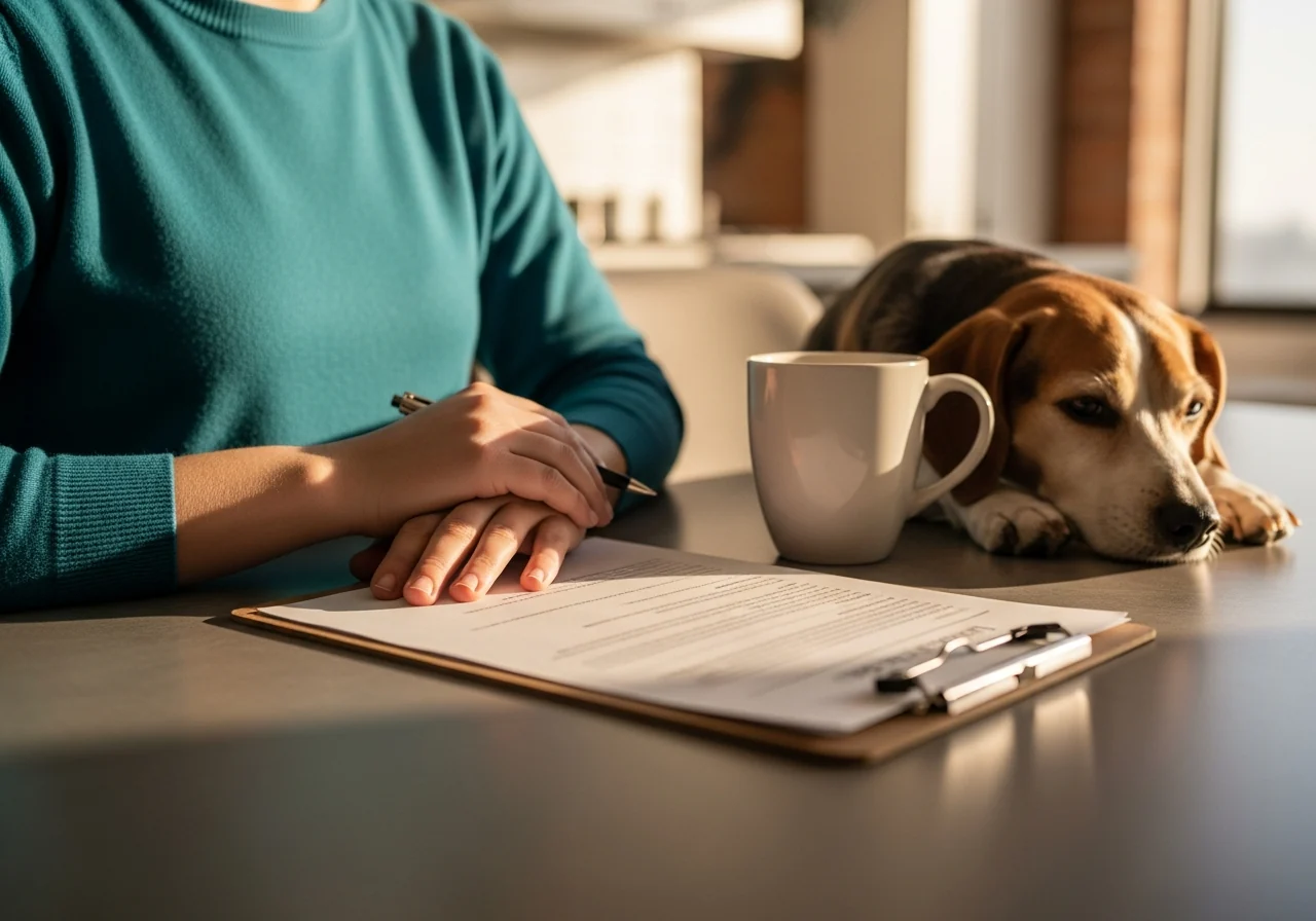 A tenant reviewing a lease and ESA accommodation paperwork at a kitchen table
