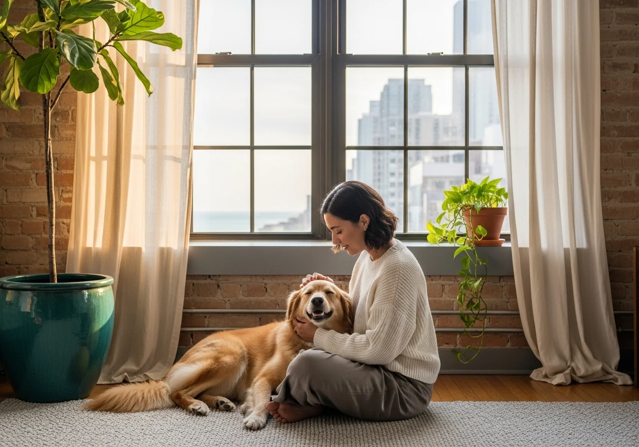 A renter and their dog relaxing in a bright Illinois apartment